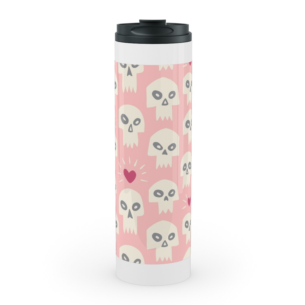 Skulls With Hearts - Pink Stainless Mug, White, , 20oz, Pink, Bright Pink