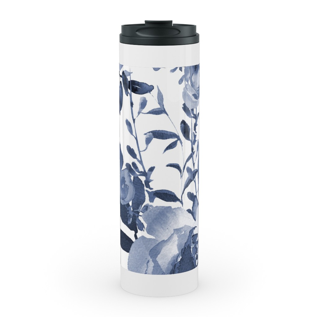 Blue and White Florals - Indigo Stainless Mug, White,  , 20oz, Blue