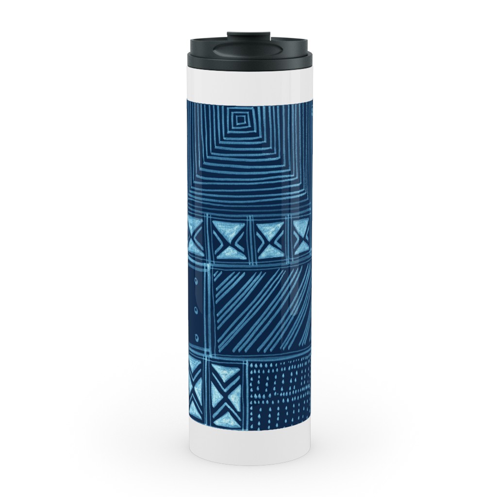 African Tribal Mud Cloth - Indigo Stainless Mug, White, , 20oz, Blue, True Blue