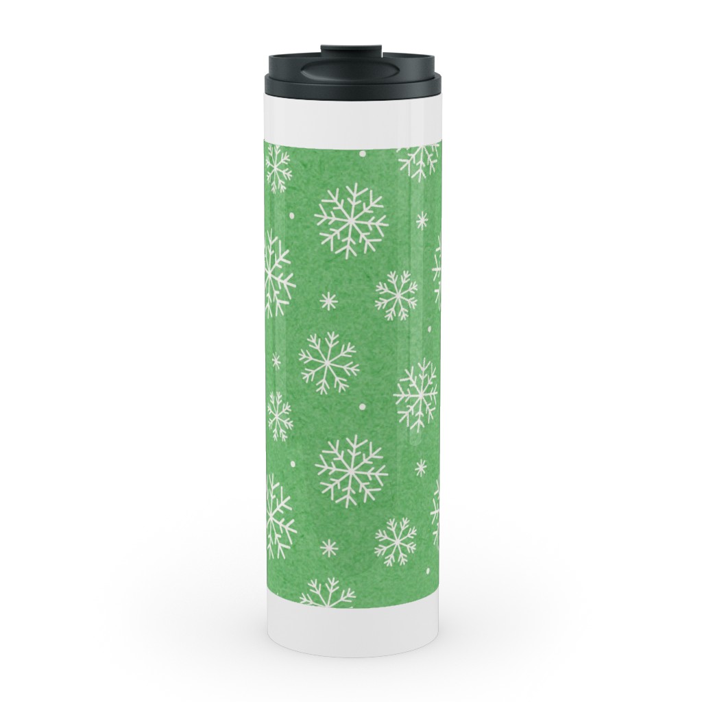 Snowflakes on Mottled Green Stainless Mug, White, , 20oz, Green, Classic Green