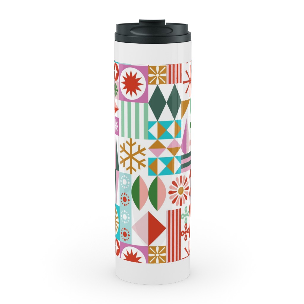 Santa's Workshop Geometric Stars Snowflakes Grid Holiday Stripes - Multi Stainless Mug, White,  , 20oz, Multicolor