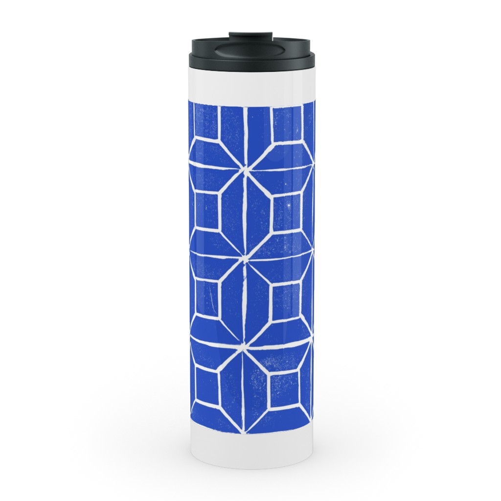 Geometric Lino - Cobalt Stainless Mug, White, , 20oz, Blue, True Blue