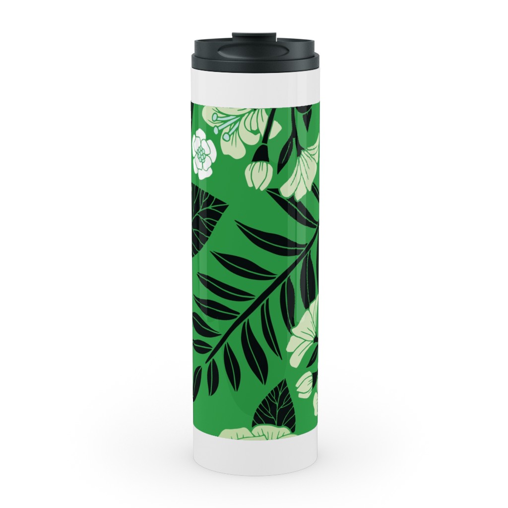 Green, Black & White Floral Pattern Stainless Mug, White, , 20oz, Green, Classic Green