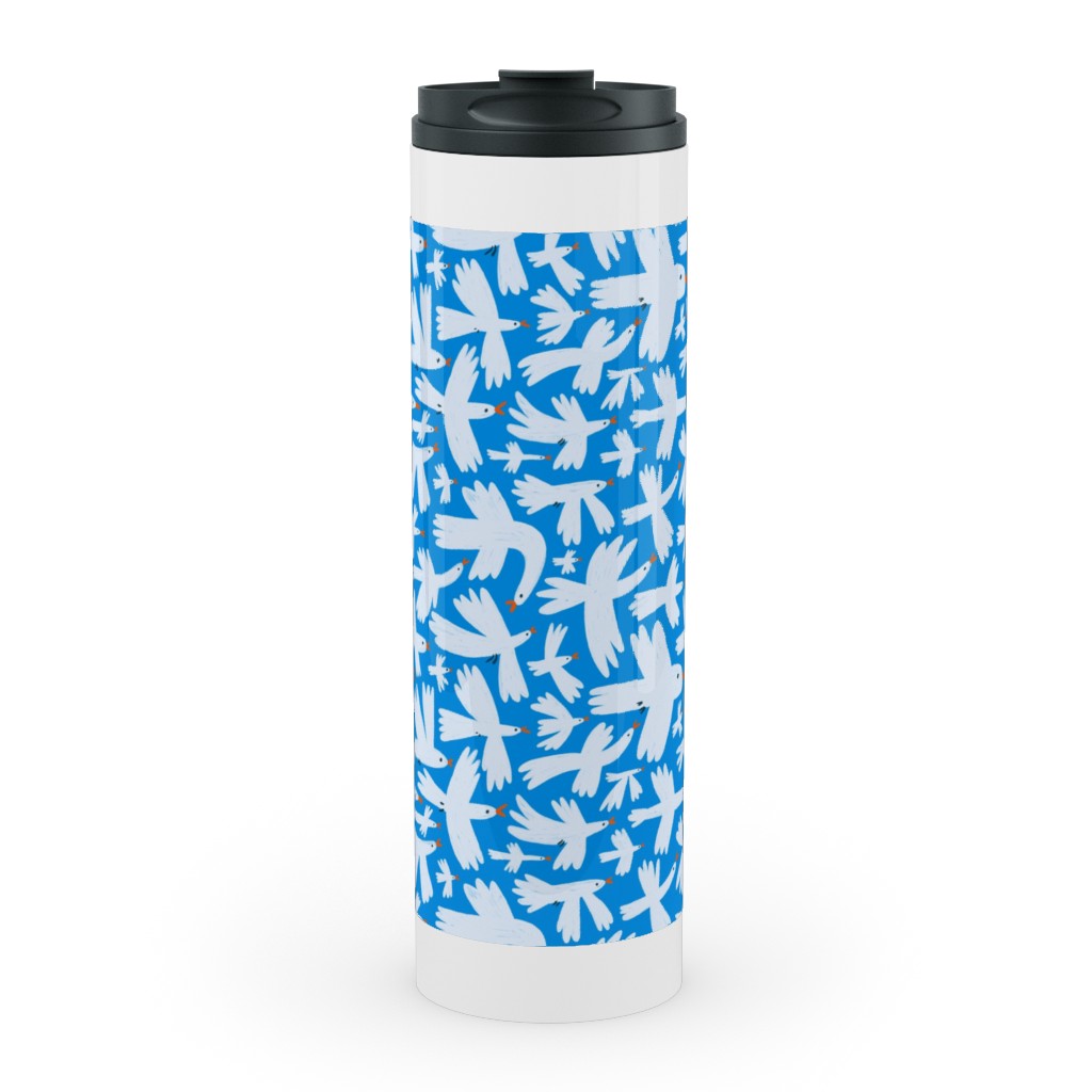 Birds - White on Blue Stainless Mug, White, , 20oz, Blue, True Blue