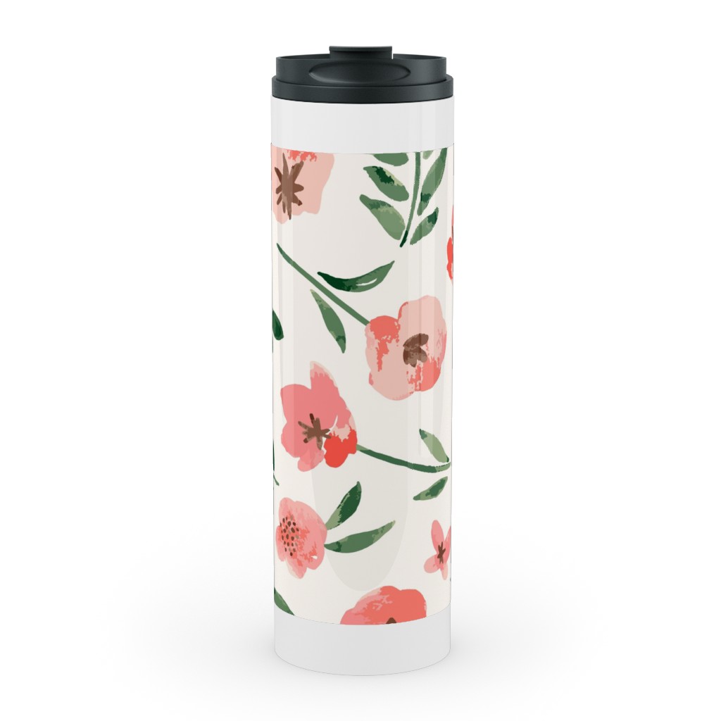 Scattered Watercolor Spring Flowers Stainless Mug, White,  , 20oz, Pink
