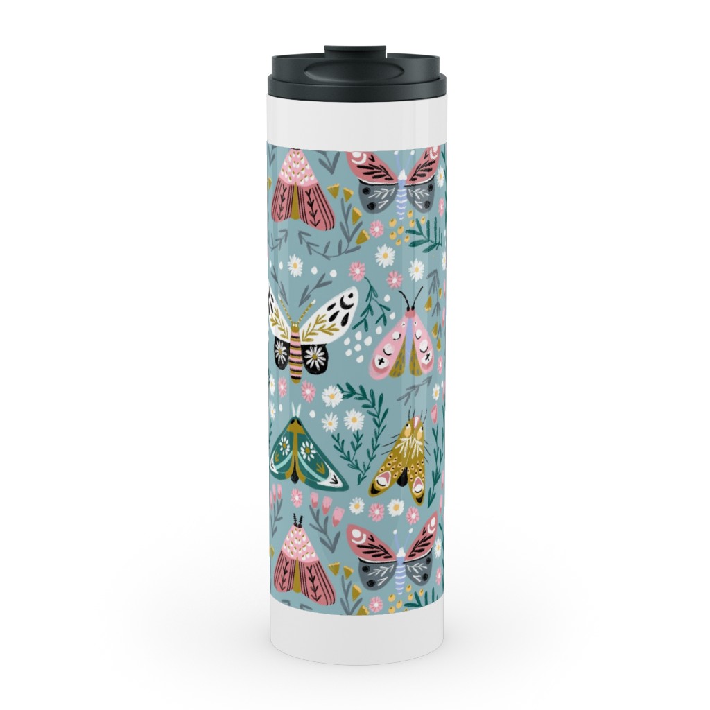 Spring Floral and Butterflies - Blue Stainless Mug, White, , 20oz, Multicolor