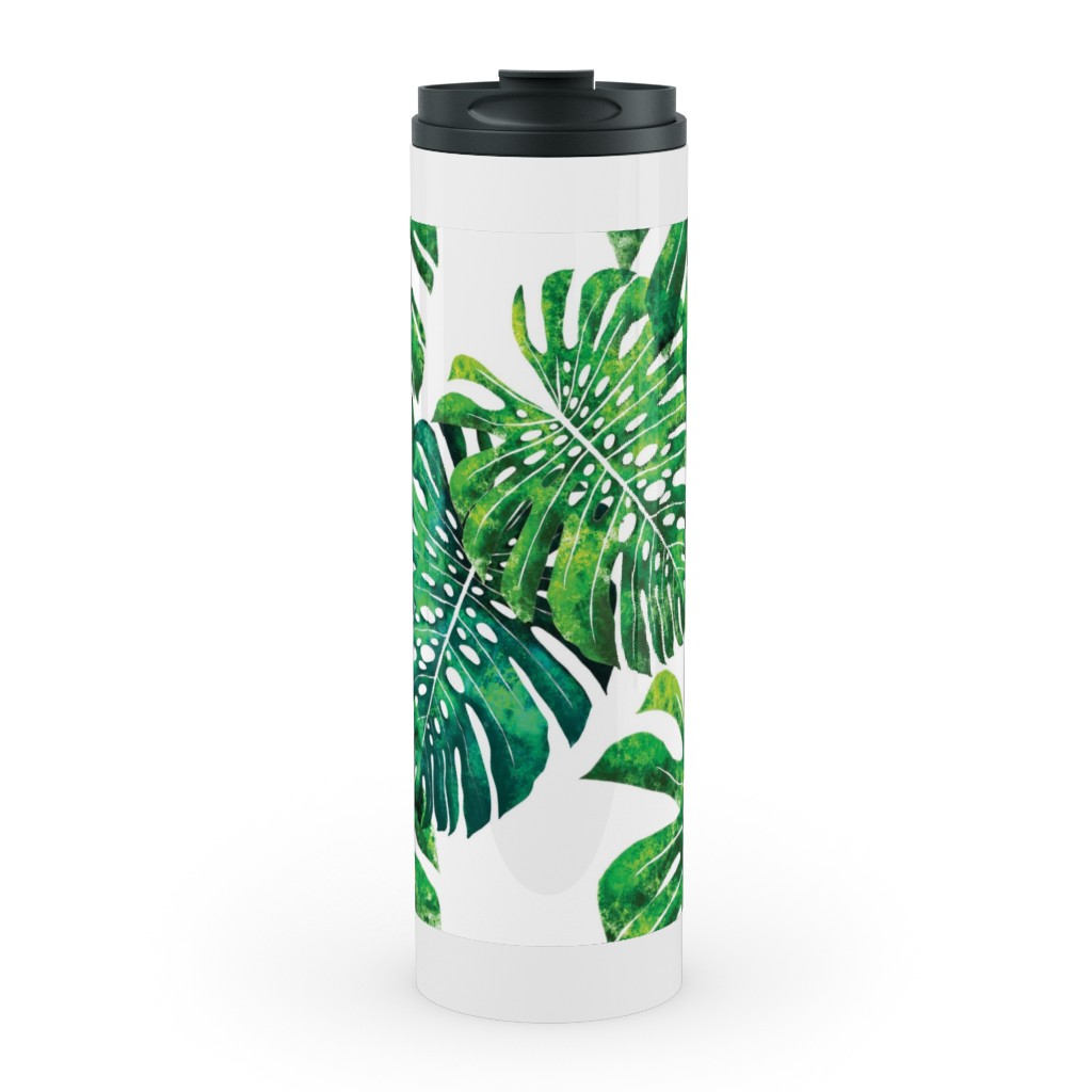 Monstera Leaves - Green on White Stainless Mug, White, , 20oz, Green, Classic Green
