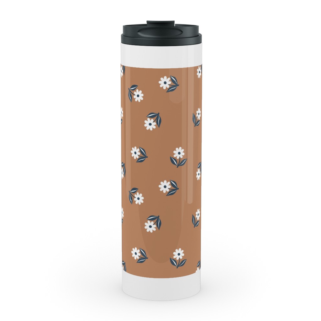 Romantic Boho Daisy Flowers - Scandinavian Print - Caramel Brown Blue Stainless Mug, White, , 20oz, Orange, Orange