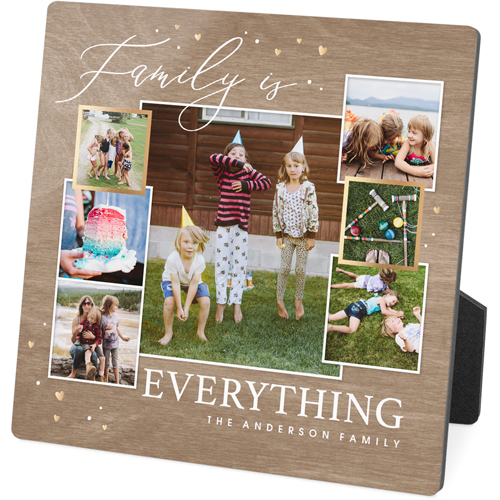 Family Script Overlap Collage Desktop Plaque, Rectangle Ornament, 5x5, Brown