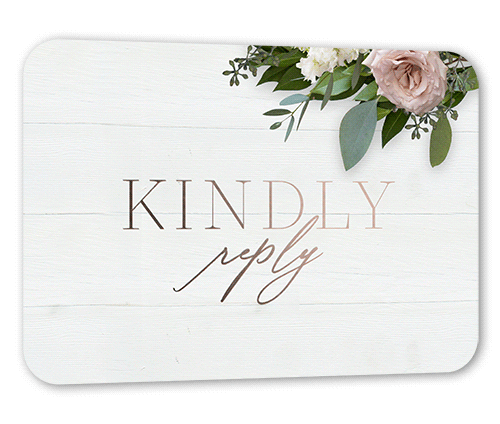Classic Bouquet Wedding Response Card, Rose Gold Foil, White, Pearl Shimmer Cardstock, Rounded