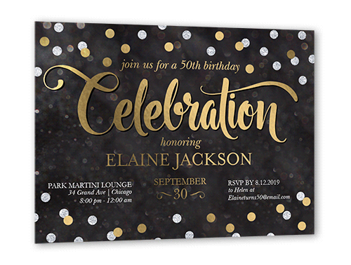 Bokeh Confetti Birthday Invitation, Gold Foil, Black, 5x7, Matte, Personalized Foil Cardstock, Square