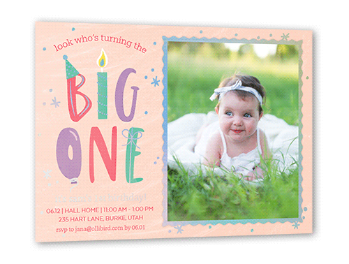 Big One Girl Birthday Invitation, Orange, Iridescent Foil, 5x7, Matte, Personalized Foil Cardstock, Square