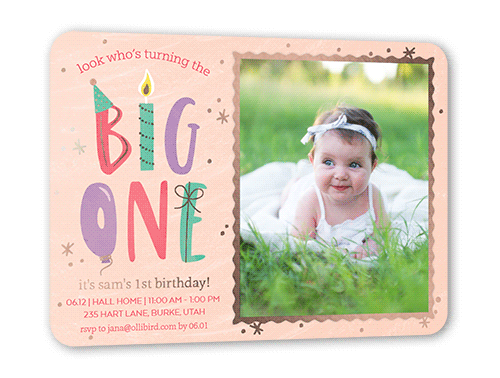 Big One Girl Birthday Invitation, Orange, Rose Gold Foil, 5x7, Matte, Personalized Foil Cardstock, Rounded