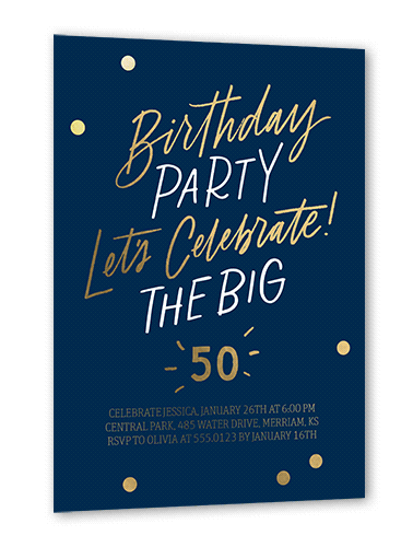 Big One Birthday Invitation, Gold Foil, Blue, 5x7, Matte, Personalized Foil Cardstock, Square