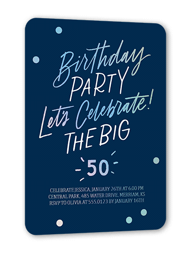 Big One Birthday Invitation, Blue, Iridescent Foil, 5x7, Matte, Personalized Foil Cardstock, Rounded, White