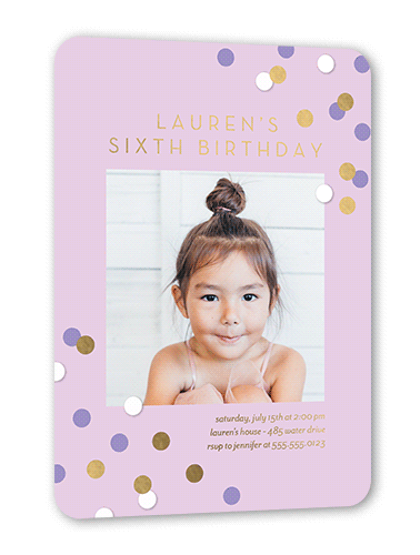 Shimmering Spots Birthday Invitation, Gold Foil, Purple, 5x7, Matte, Personalized Foil Cardstock, Rounded, Lilac