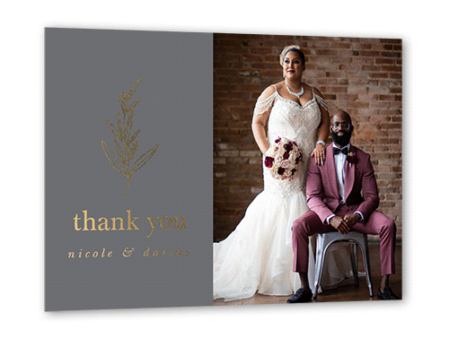 Sweet Leaf Wedding Thank You, Gold Foil, Grey, 5x7, Matte, Personalized Foil Cardstock, Square