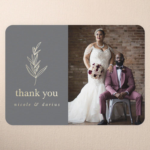 Sweet Leaf Wedding Thank You, Gold Foil, Grey, 5x7, Matte, Personalized Foil Cardstock, Rounded, Steel