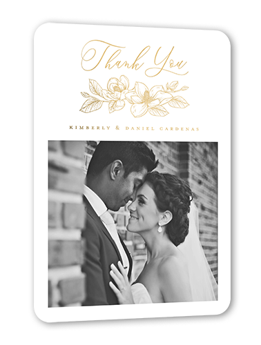 Marvelous Magnolia Thank You Card, Gold Foil, White, 5x7, Matte, Personalized Foil Cardstock, Rounded