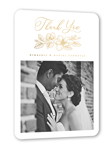 Marvelous Magnolia Thank You Card, Gold Foil, White, 5x7, Matte, Personalized Foil Cardstock, Rounded, White