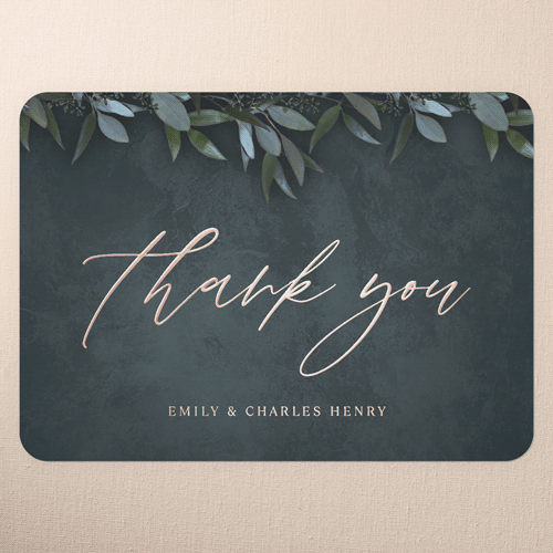 Laurel Embrace Wedding Thank You Card, Green, Rose Gold Foil, 5x7, Matte, Personalized Foil Cardstock, Rounded