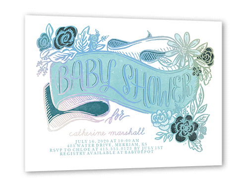 Gilded Flourish Baby Shower Invitation, Blue, Iridescent Foil, 5x7, Matte, Personalized Foil Cardstock, Square, Malachite