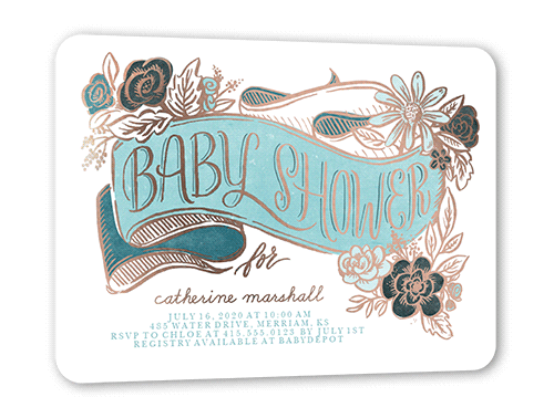 Gilded Flourish Baby Shower Invitation, Blue, Rose Gold Foil, 5x7, Matte, Personalized Foil Cardstock, Rounded, Malachite