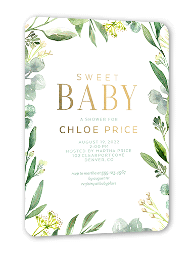 Sweet Floral Baby Shower Invitation, Gold Foil, White, 5x7, Matte, Personalized Foil Cardstock, Rounded