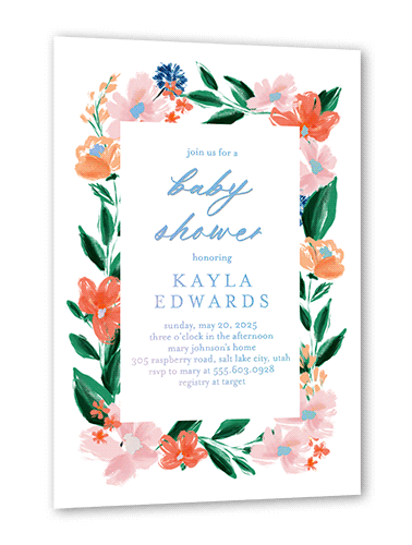 Flowered Frame Baby Shower Invitation, White, Iridescent Foil, 5x7, Matte, Personalized Foil Cardstock, Square, White