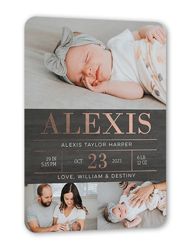 Radiant Stats Birth Announcement, Rose Gold Foil, Gray, 5x7, Matte, Personalized Foil Cardstock, Rounded