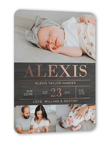 Radiant Stats Birth Announcement, Gray, Rose Gold Foil, 5x7, Matte, Personalized Foil Cardstock, Rounded