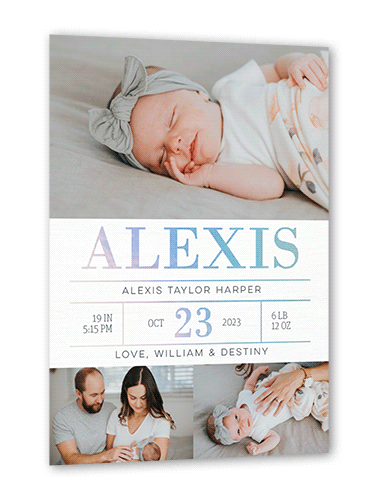 Radiant Stats Birth Announcement, White, Iridescent Foil, 5x7, Matte, Personalized Foil Cardstock, Square, White