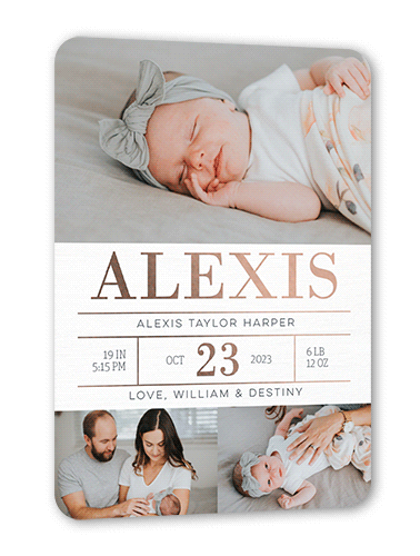 Radiant Stats Birth Announcement, Rose Gold Foil, White, 5x7, Matte, Personalized Foil Cardstock, Rounded