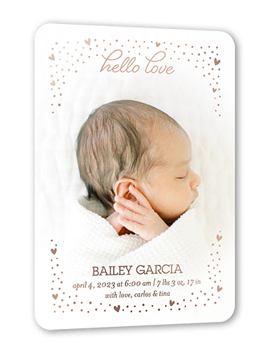 Starry Hearts Birth Announcement, Rose Gold Foil, White, 5x7, Matte, Personalized Foil Cardstock, Rounded