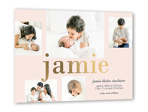 Glimmering Moniker Birth Announcement, Gold Foil, Pink, 5x7, Matte, Personalized Foil Cardstock, Square, Quartz