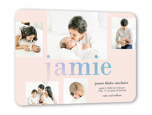 Glimmering Moniker Birth Announcement, Pink, Iridescent Foil, 5x7, Matte, Personalized Foil Cardstock, Rounded