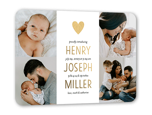 Modern Shimmer Birth Announcement, White, Gold Foil, 5x7, Matte, Personalized Foil Cardstock, Rounded
