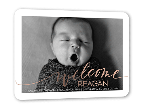 Cursive Welcome Birth Announcement, Rose Gold Foil, White, 5x7, Matte, Personalized Foil Cardstock, Rounded