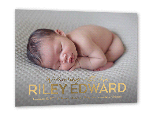 Grand Type Birth Announcement, White, Gold Foil, 5x7, Matte, Personalized Foil Cardstock, Square