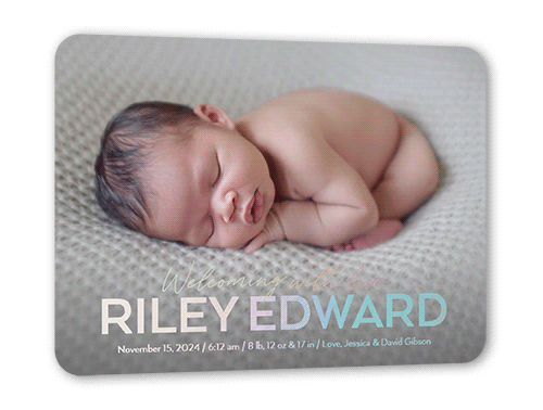 Grand Type Birth Announcement, Iridescent Foil, White, 5x7, Matte, Personalized Foil Cardstock, Rounded