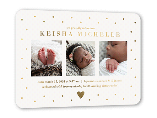 Dotted Love Birth Announcement, Beige, Gold Foil, 5x7, Matte, Personalized Foil Cardstock, Rounded, Wheat