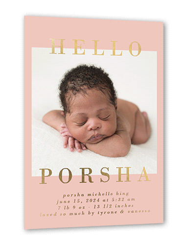 Framed Hello Birth Announcement, Gold Foil, Pink, 5x7, Matte, Personalized Foil Cardstock, Square, Ballet Slipper