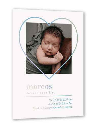 Welcome Heart Birth Announcement, Iridescent Foil, Grey, 5x7, Matte, Personalized Foil Cardstock, Square, Whisper Gray