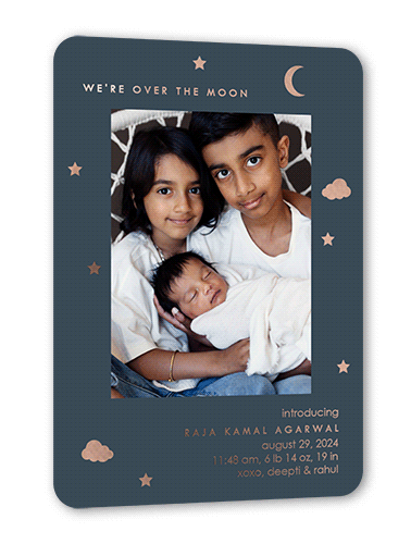 Moonlight Shine Birth Announcement, Grey, Rose Gold Foil, 5x7, Matte, Personalized Foil Cardstock, Rounded, Blue Slate