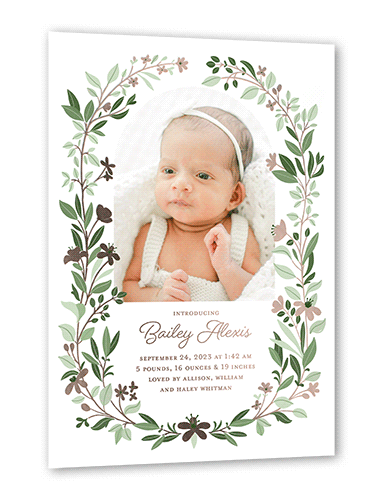 Grown Frame Birth Announcement, White, Rose Gold Foil, 5x7, Matte, Personalized Foil Cardstock, Square