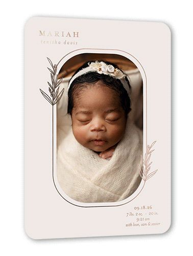 Gilded Leaf Birth Announcement, Rose Gold Foil, Beige, 5x7, Matte, Personalized Foil Cardstock, Rounded, Pearl