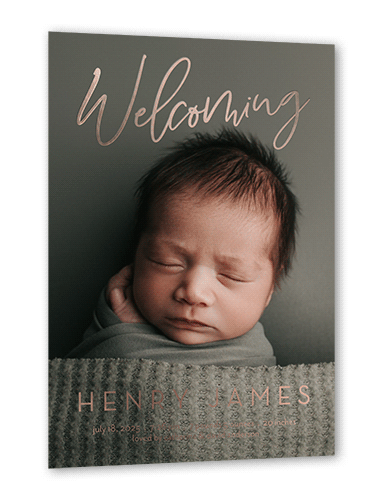Gleaming Welcome Birth Announcement, White, Rose Gold Foil, 5x7, Matte, Personalized Foil Cardstock, Square, White
