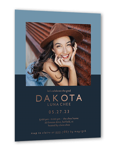 Split Tone Graduation Invitation, Rose Gold Foil, Blue, 5x7, Matte, Personalized Foil Cardstock, Square