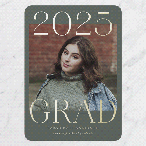 Proud Type Graduation Announcement, Rounded Corners, Green, Gold Foil, 5x7 Digital Foil Card, 2025