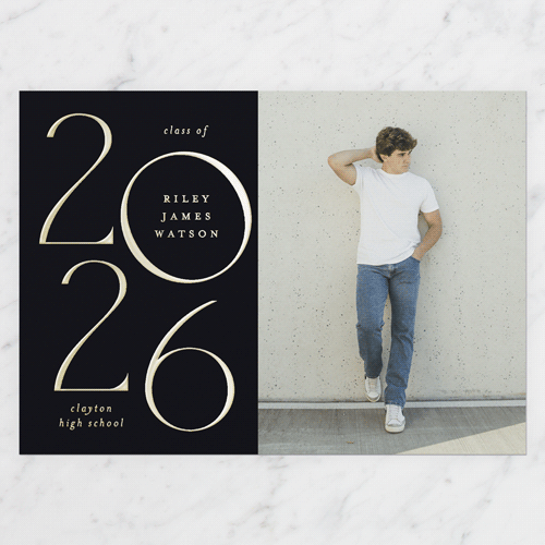 Staggered Year Graduation Announcement, Black, Gold Foil, 5x7, Matte, Personalized Foil Cardstock, Square, Black